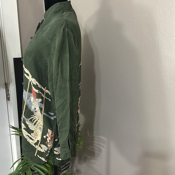 Citron Santa Monica Top Army Green Silk Asian Print Mandarin Collar Women’s M - Picture 5 of 15